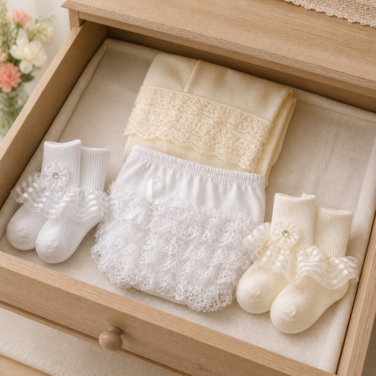 Girls white and ivory lace dress socks, ruffle bloomer, and rhumba tights arranged in an elegant nursery drawer