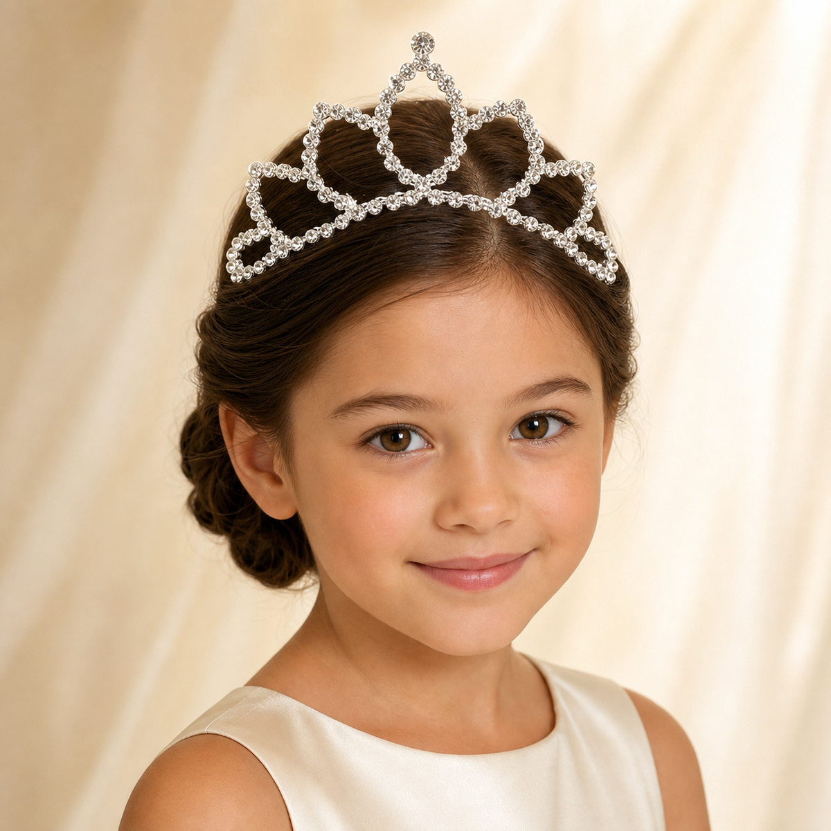 Girl wearing the silver crystal Princess Tiara TR-164 with an ivory formal dress