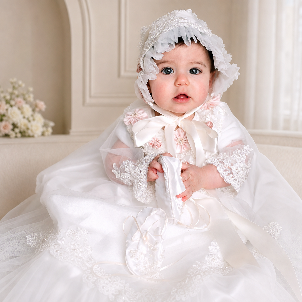 Baby girl wearing an ivory christening gown and bonnet with blush floral appliqués in an elegant cream interior
