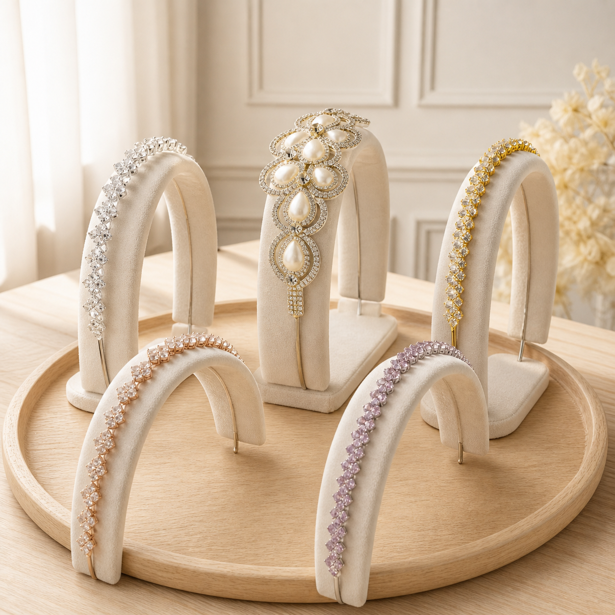 Five elegant girls' jeweled headbands in ivory, silver, gold, rose gold, and lavender displayed on cream velvet stands