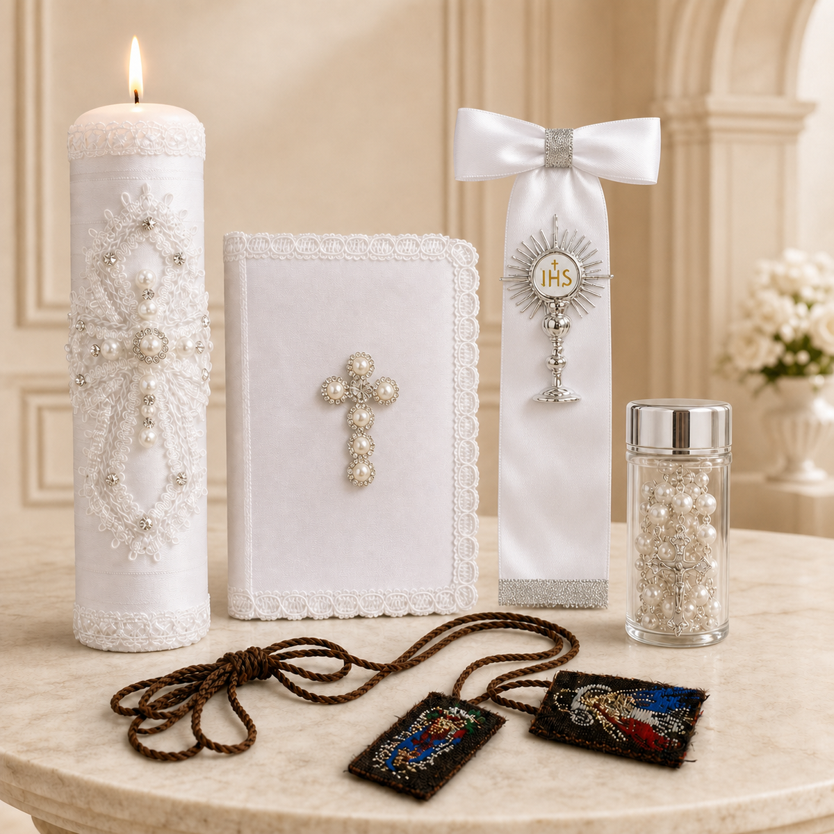 Five-piece boys First Communion set with a lit candle, lace Bible, long IHS shoulder bow, scapular, and rosary in a glass jar