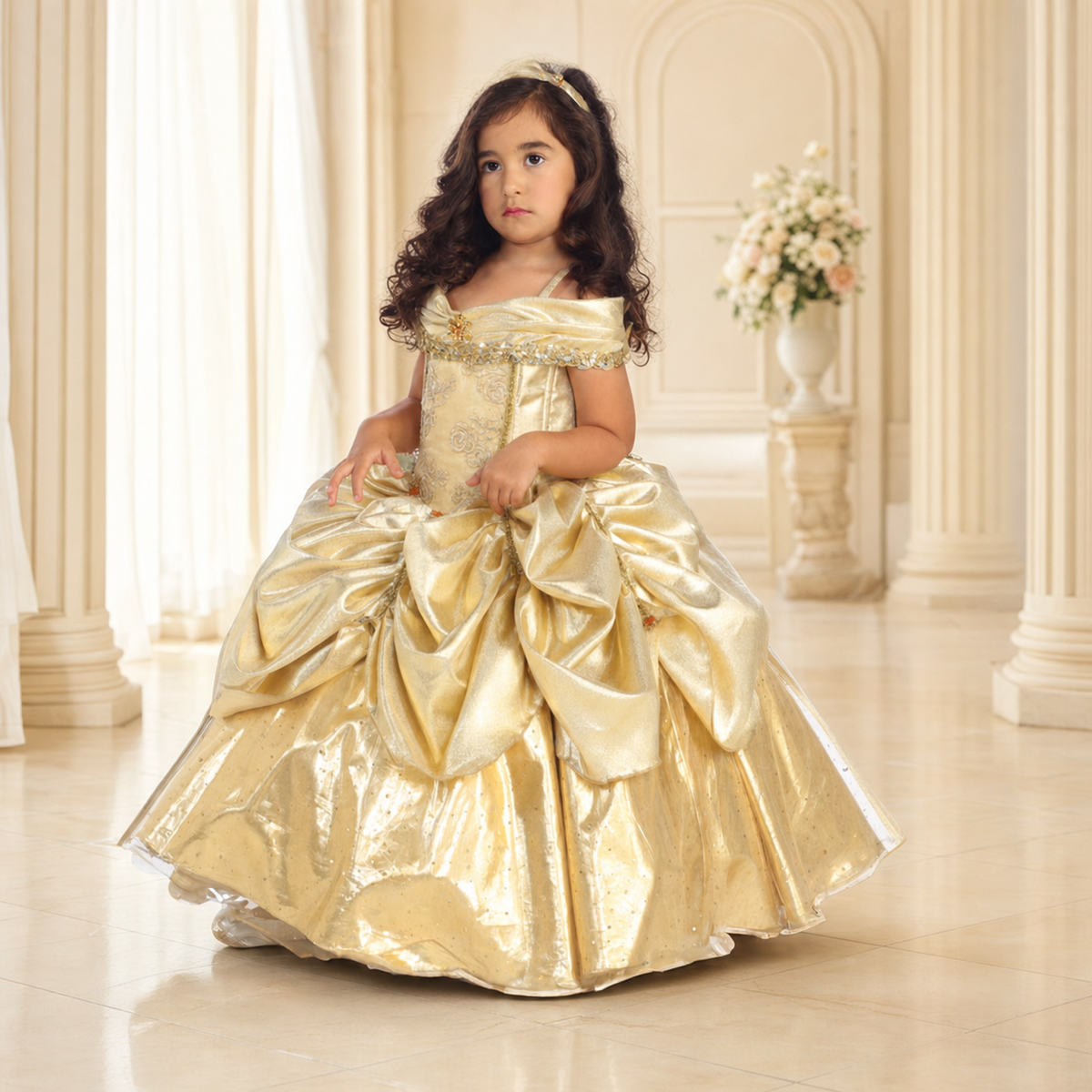 Girl wearing a champagne-gold princess ball gown with jeweled trim and a sculpted satin skirt in an elegant cream interior