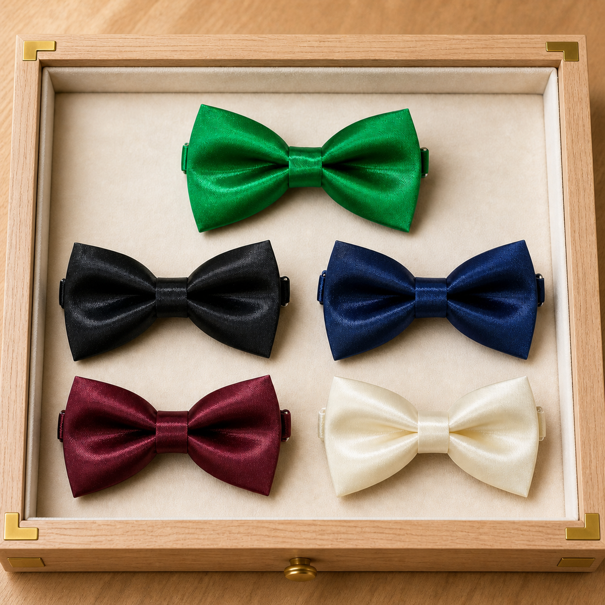 Five satin bow ties in emerald green, black, navy, burgundy, and ivory arranged in a close-up elegant wooden display drawer