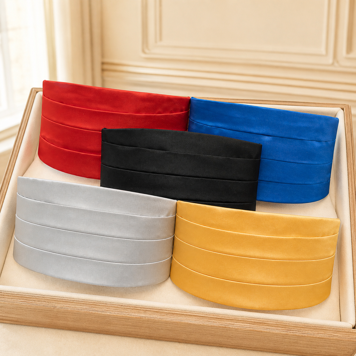 Black, red, royal blue, silver, and gold boys' satin cummerbunds displayed in an elegant cream presentation tray
