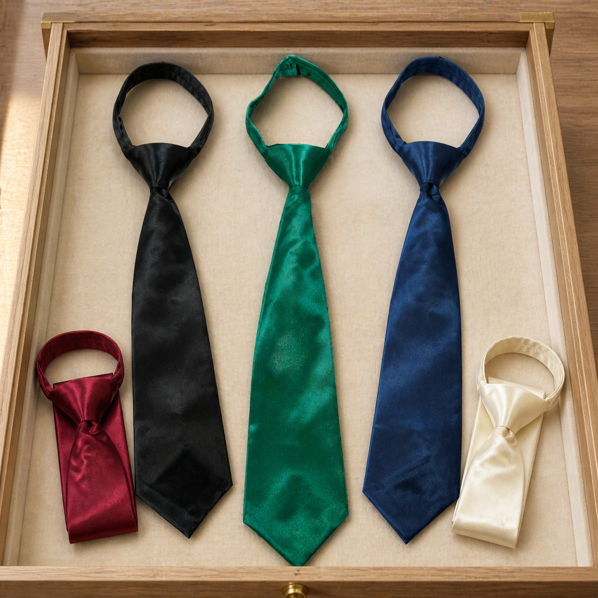 Satin zipper ties in hunter green, black, navy, burgundy, and ivory displayed in an elegant wooden drawer