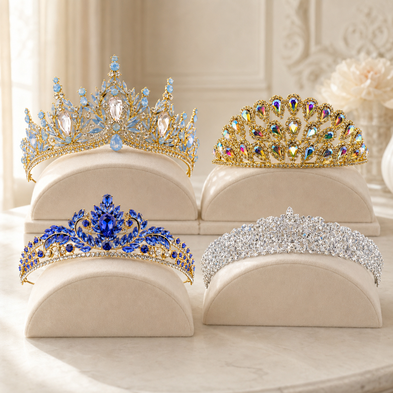 Four girls' jeweled tiaras in blue, gold, multicolor and silver displayed on ivory stands