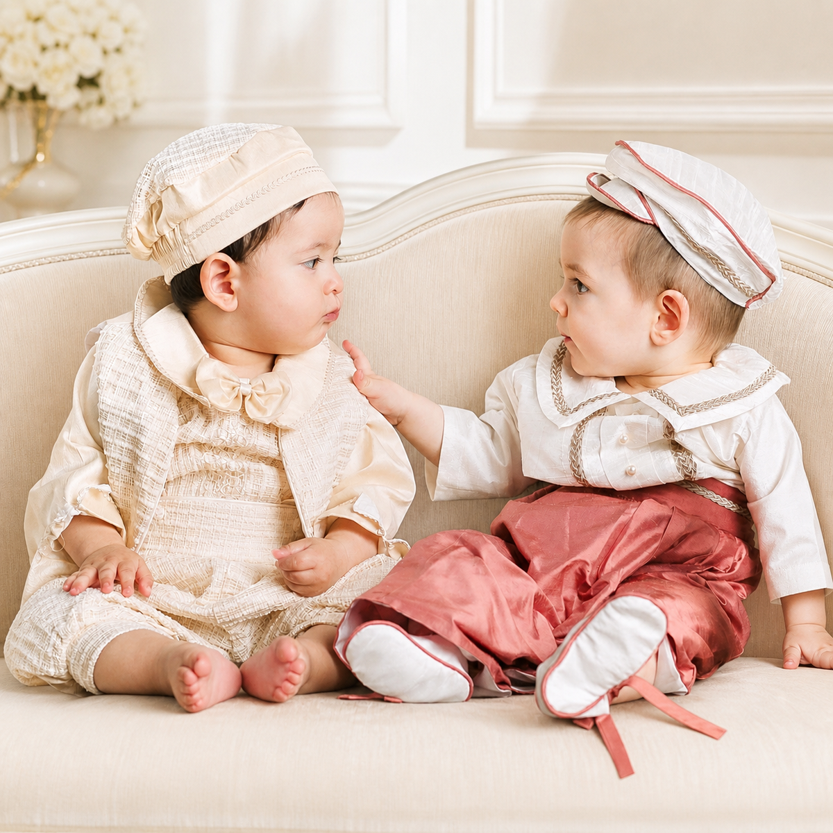 Two baby boys wearing elegant Spanish-inspired formal outfits seated together on a cream settee