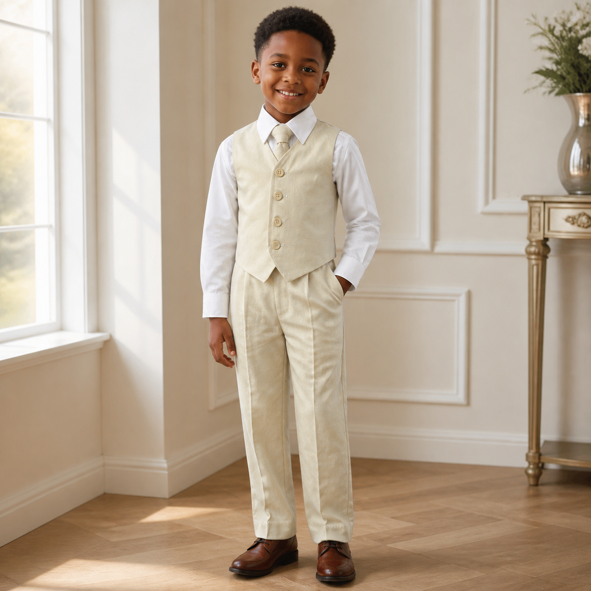 Smiling Black boy wearing a khaki linen vest set with matching tie and pants in an elegant cream interior