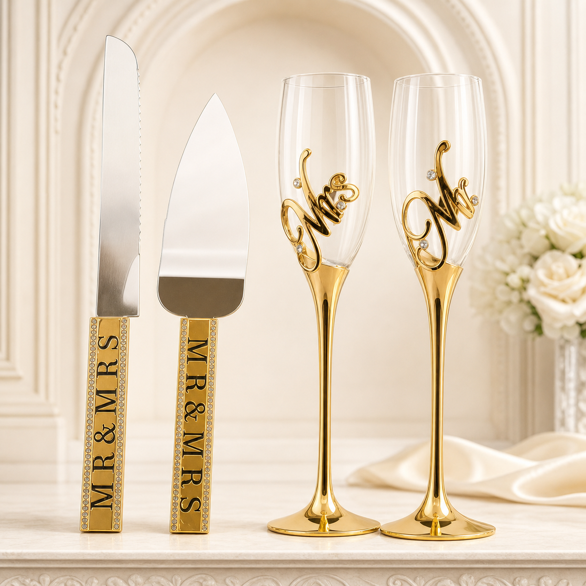 Gold four-piece wedding serving set with two Mr. and Mrs. flutes, cake knife, and cake server in an elegant cream interior