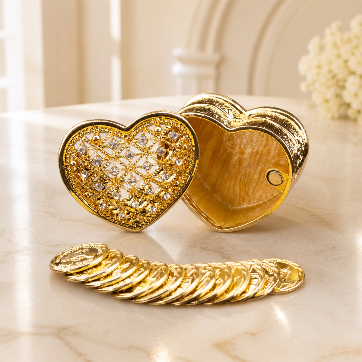 Gold heart-shaped wedding arras box with rhinestone filigree lid and ceremonial coins in an elegant cream interior