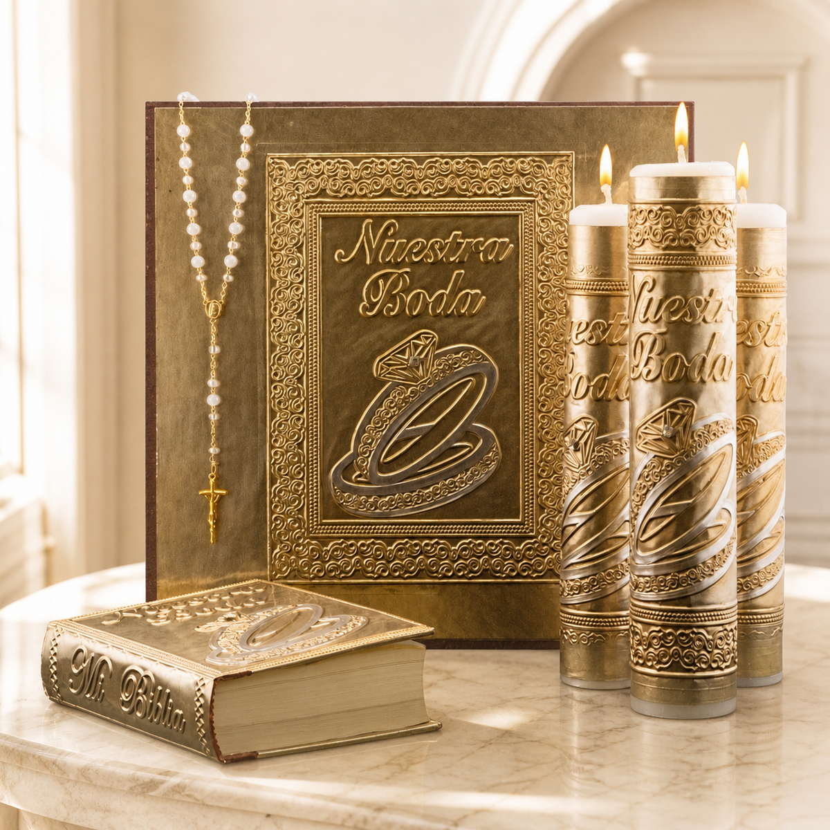 Gold Nuestra Boda wedding candle set with matching Bible and rosary in an elegant cream interior