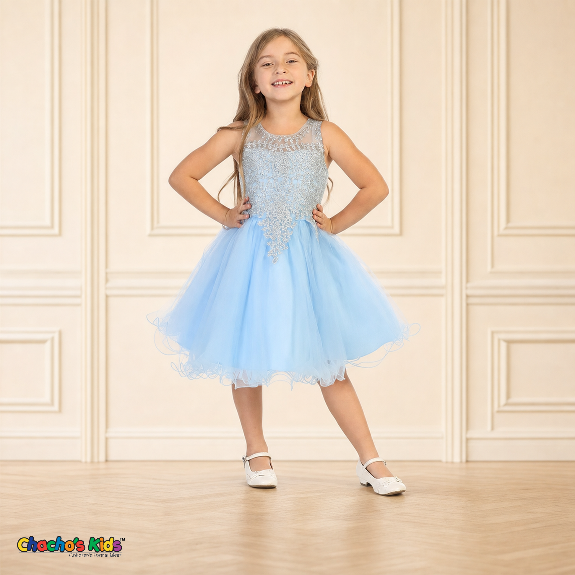 Girl modeling baby blue embroidered tulle party and flower girl dress 9004, front view