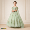 Girl modeling sage green butterfly embroidered ball gown dress 9030, front view