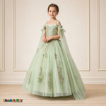 Girl modeling sage green butterfly embroidered ball gown dress 9030, front view