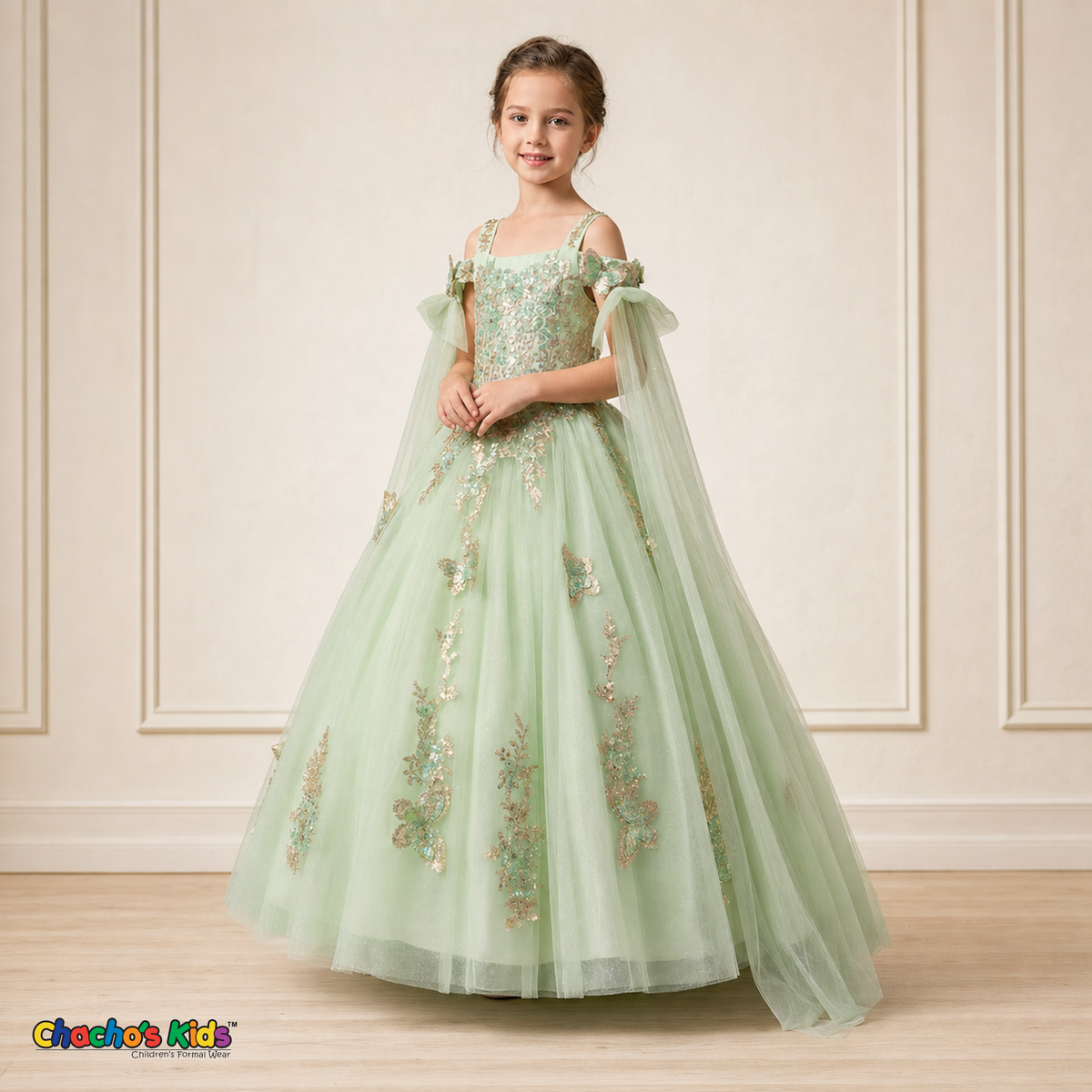 Girl modeling sage green butterfly embroidered ball gown dress 9030, front view