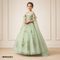 Girl modeling sage green butterfly embroidered ball gown dress 9030, front view