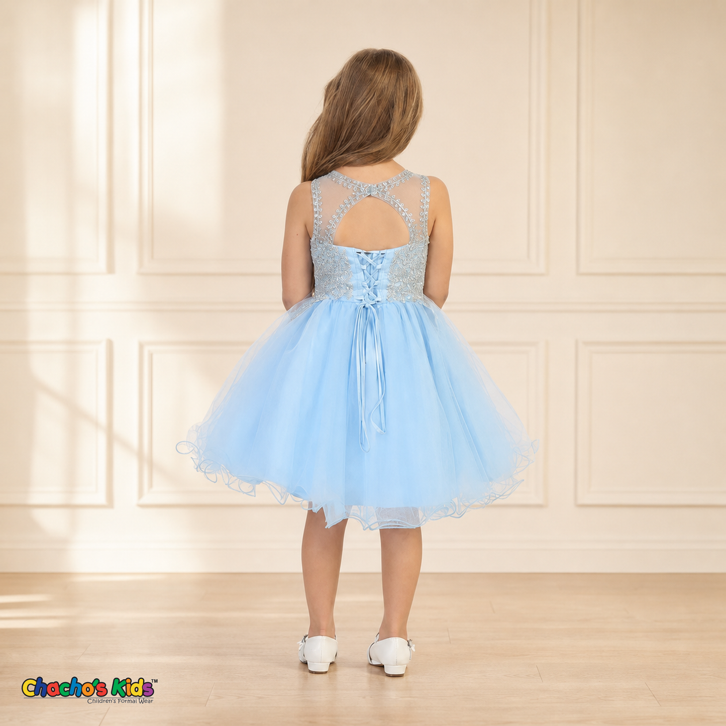 Girl modeling baby blue embroidered tulle party and flower girl dress 9004, back view