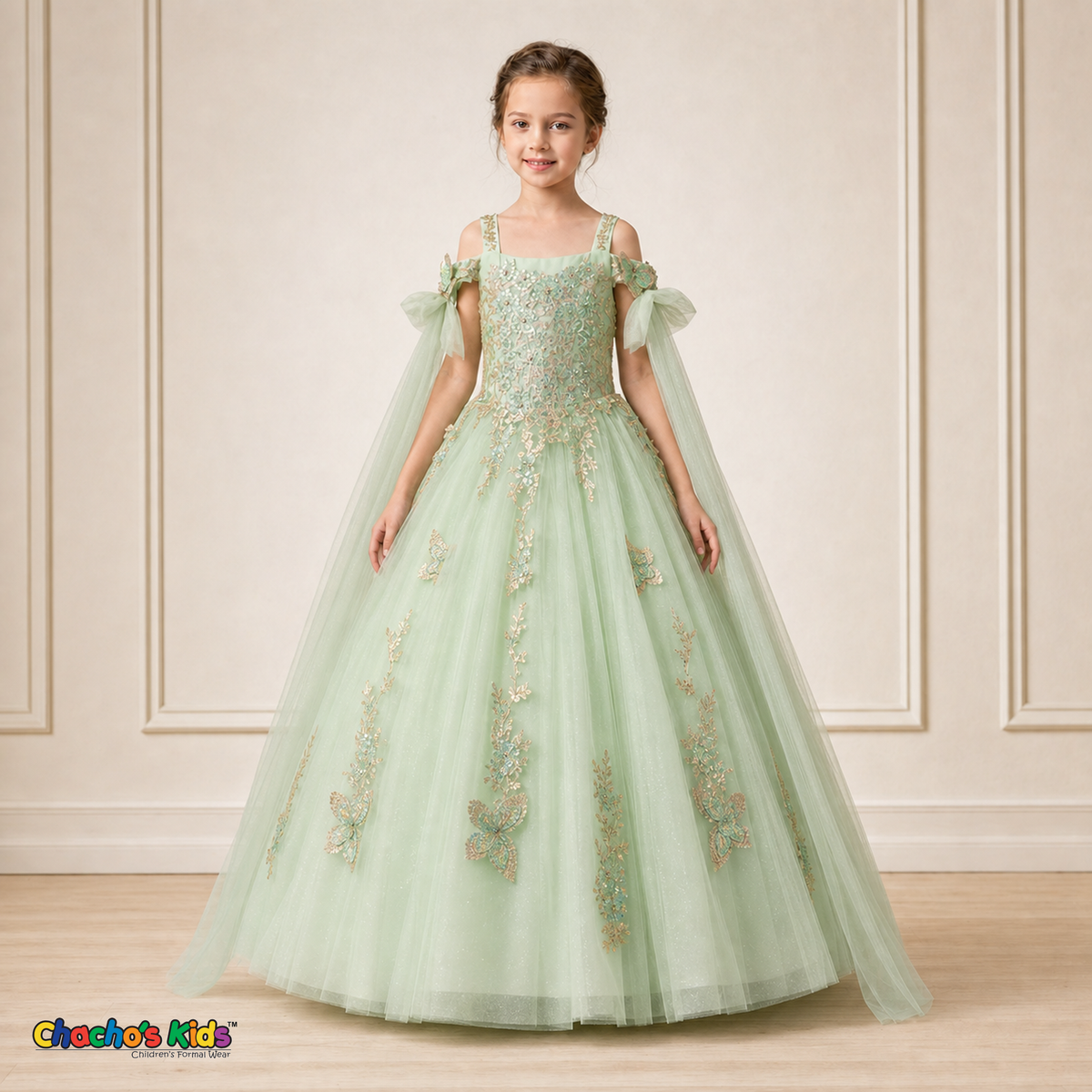 Girl modeling sage green butterfly embroidered ball gown dress 9030, straight front view