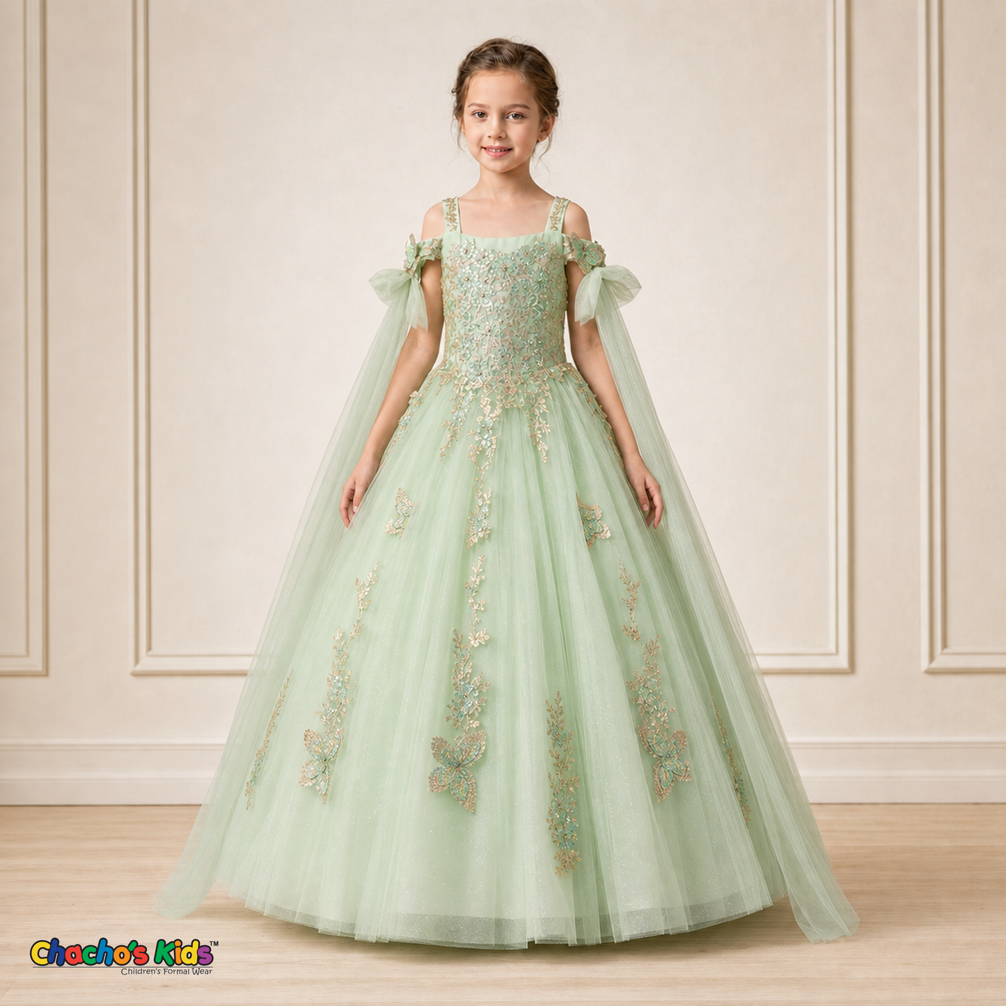 Girl modeling sage green butterfly embroidered ball gown dress 9030, straight front view