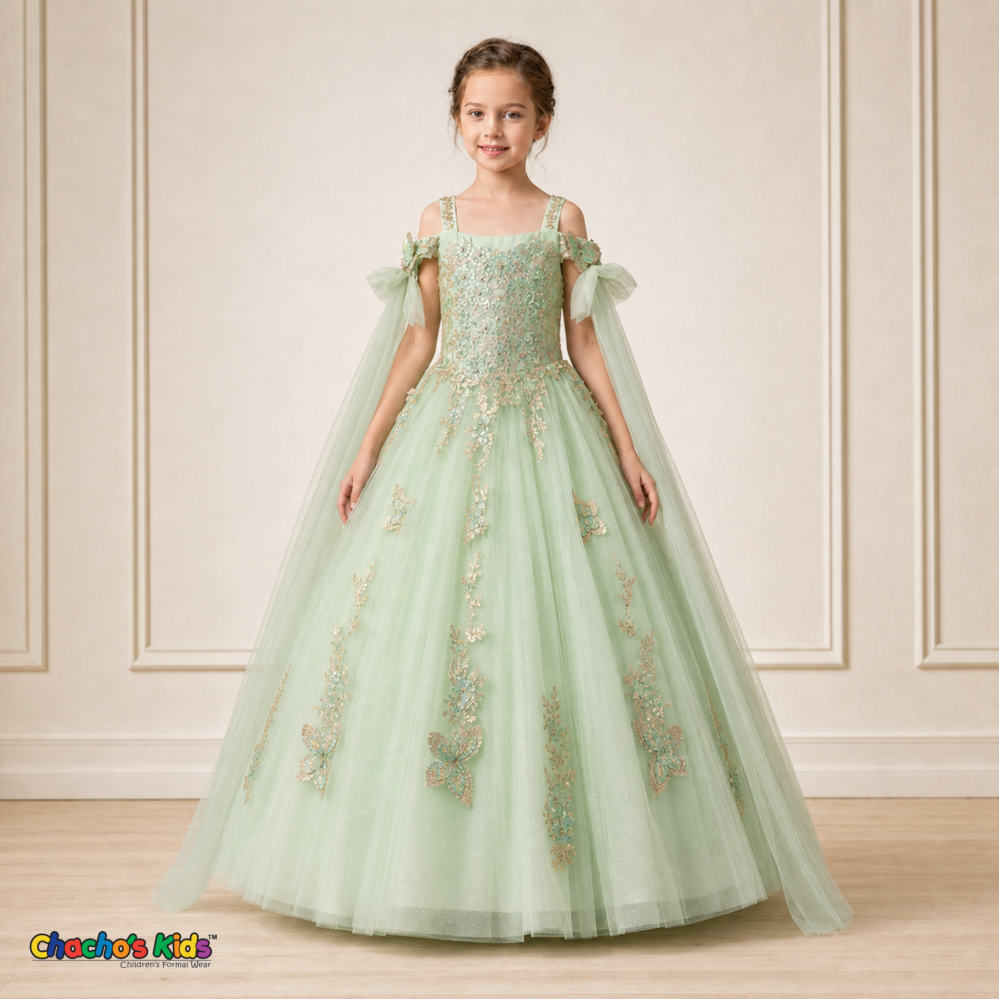 Girl modeling sage green butterfly embroidered ball gown dress 9030, straight front view