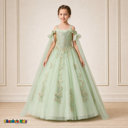 Girl modeling sage green butterfly embroidered ball gown dress 9030, straight front view