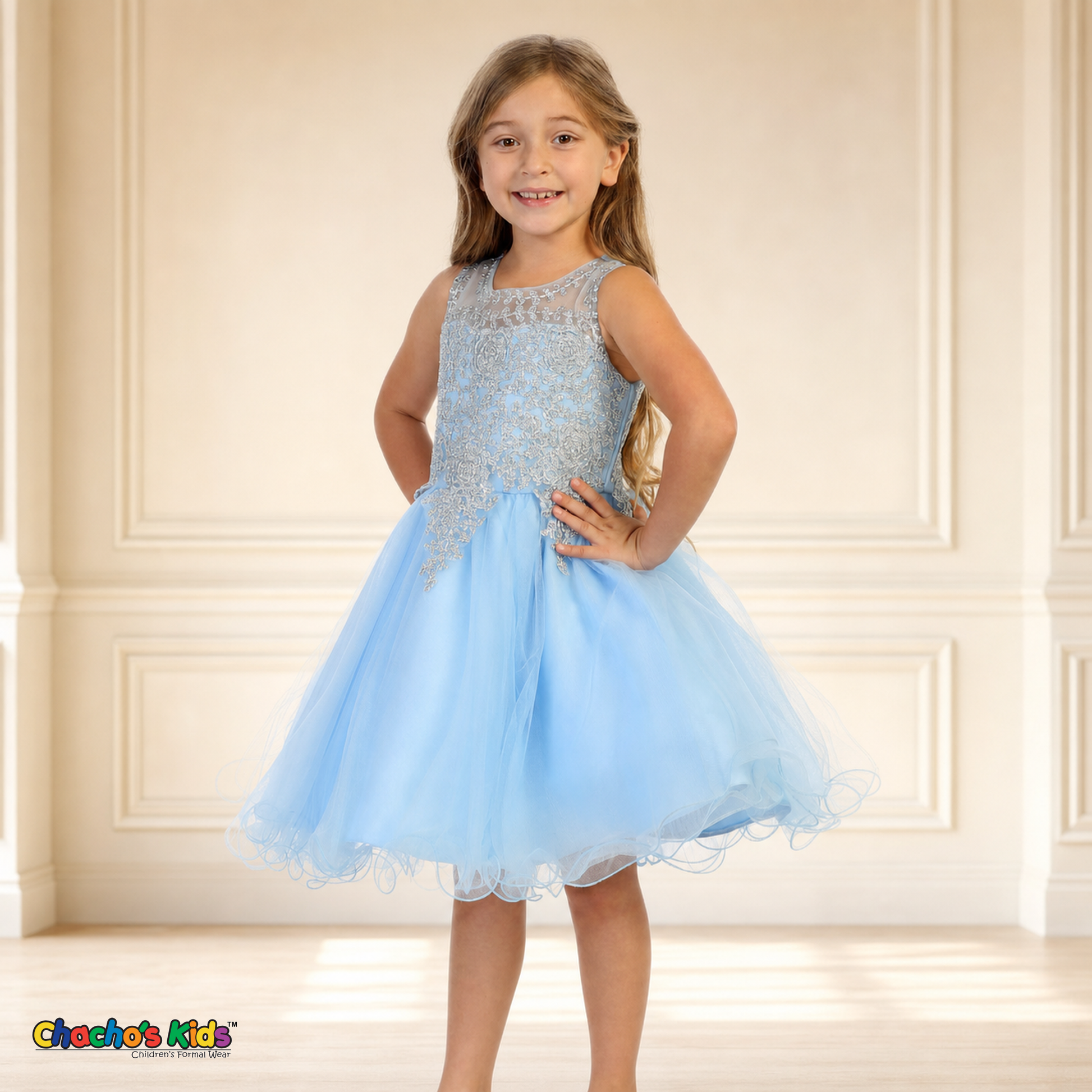 Baby blue dress 9004 silver embroidered bodice and layered tulle skirt detail