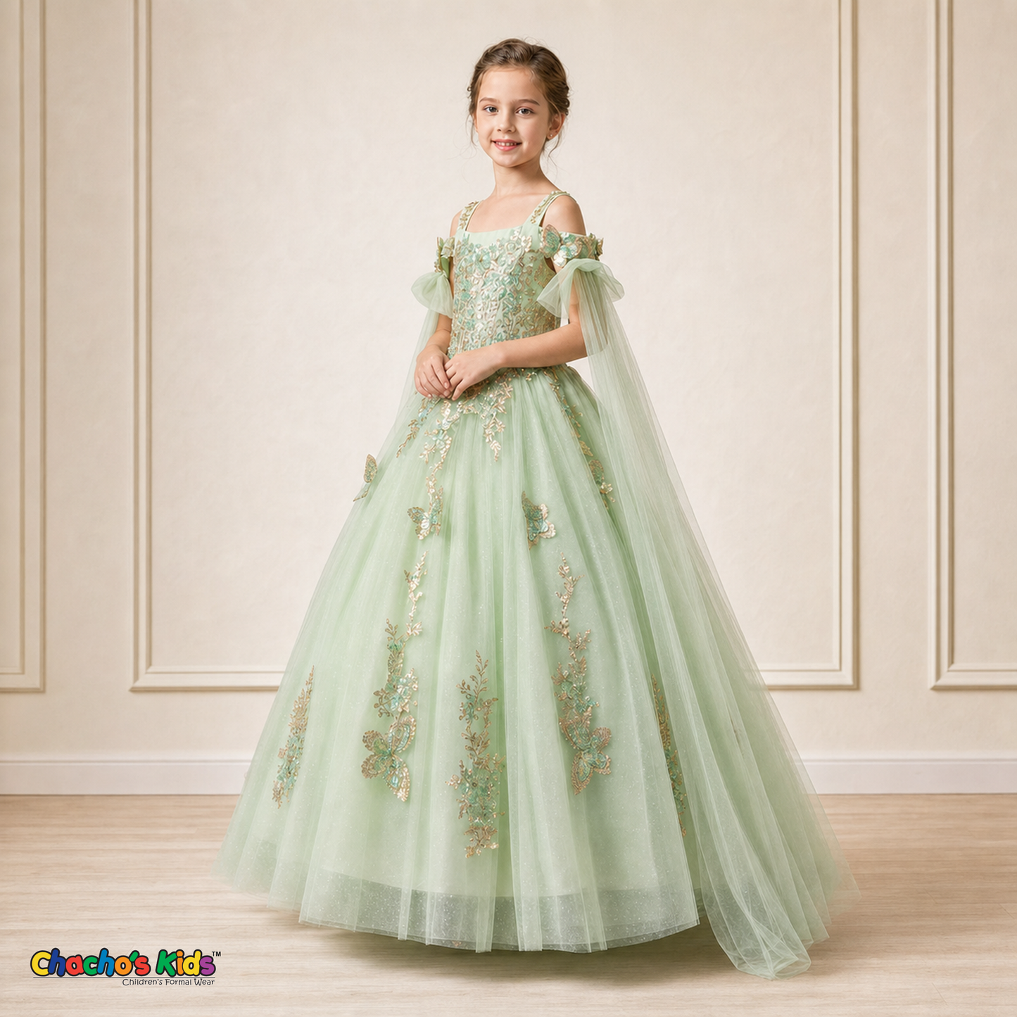 Girl modeling sage green butterfly embroidered ball gown dress 9030, three-quarter view