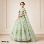 Girl modeling sage green butterfly embroidered ball gown dress 9030, three-quarter view