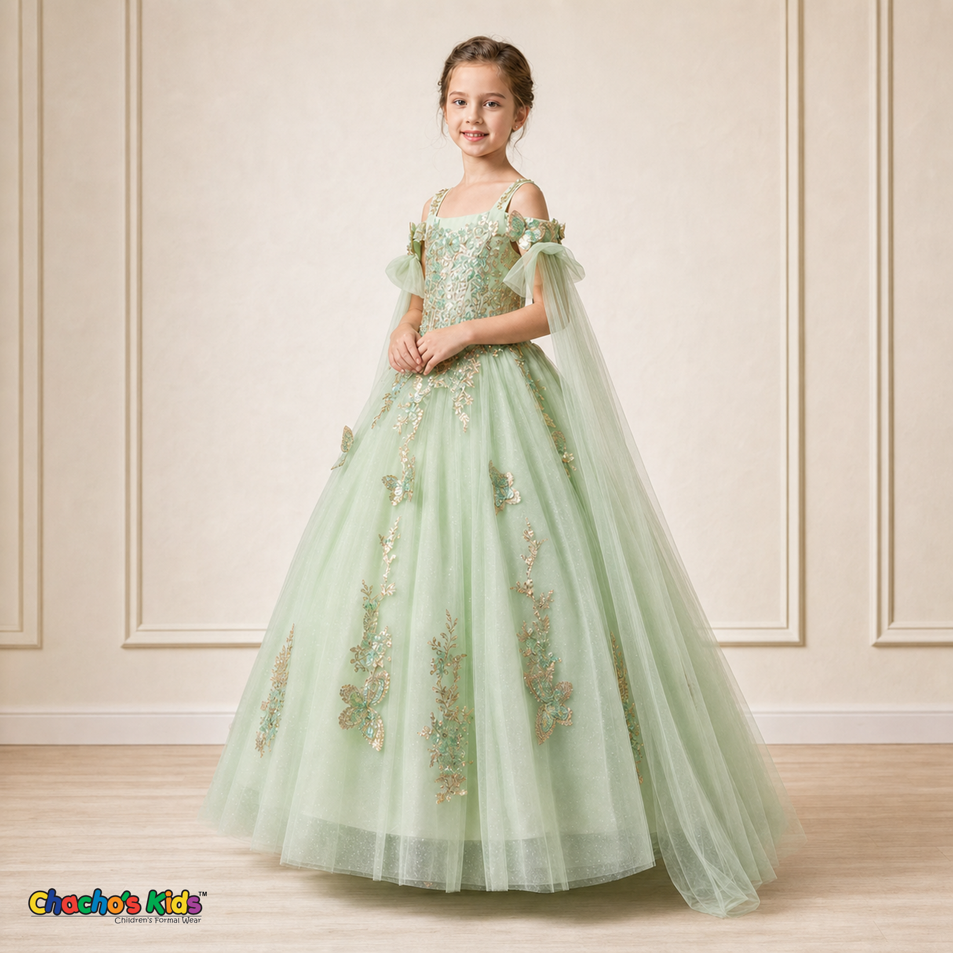 Girl modeling sage green butterfly embroidered ball gown dress 9030, three-quarter view