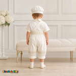 Ivory boys baptism outfit with crossed suspenders and bloomer pants, back view, style 0355 - Chacho's Kids