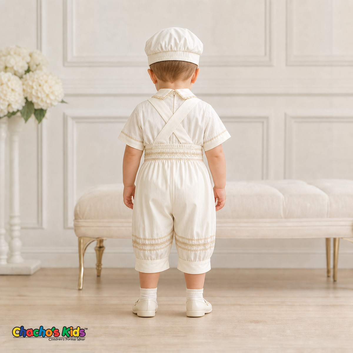 Ivory boys baptism outfit with crossed suspenders and bloomer pants, back view, style 0355 - Chacho's Kids