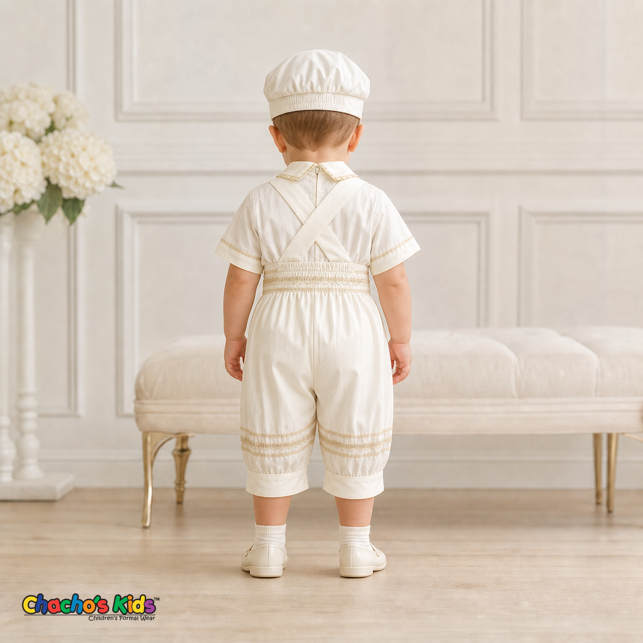 Ivory boys baptism outfit with crossed suspenders and bloomer pants, back view, style 0355 - Chacho's Kids