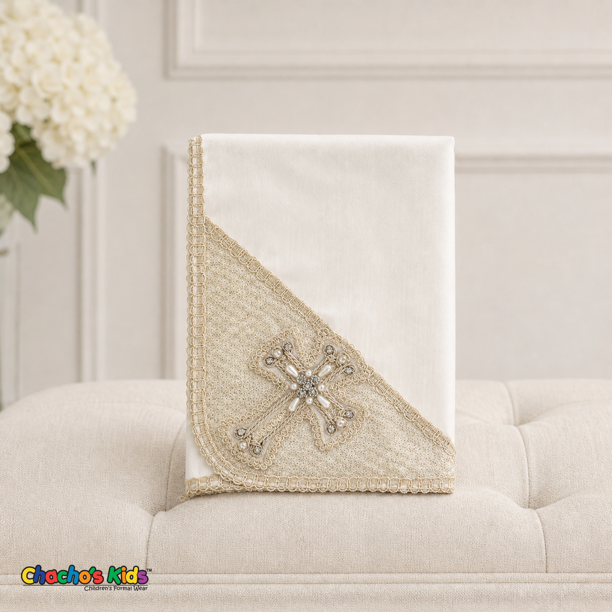 Ivory jeweled cross baptismal cloth for boys outfit style 0355 - Chacho's Kids