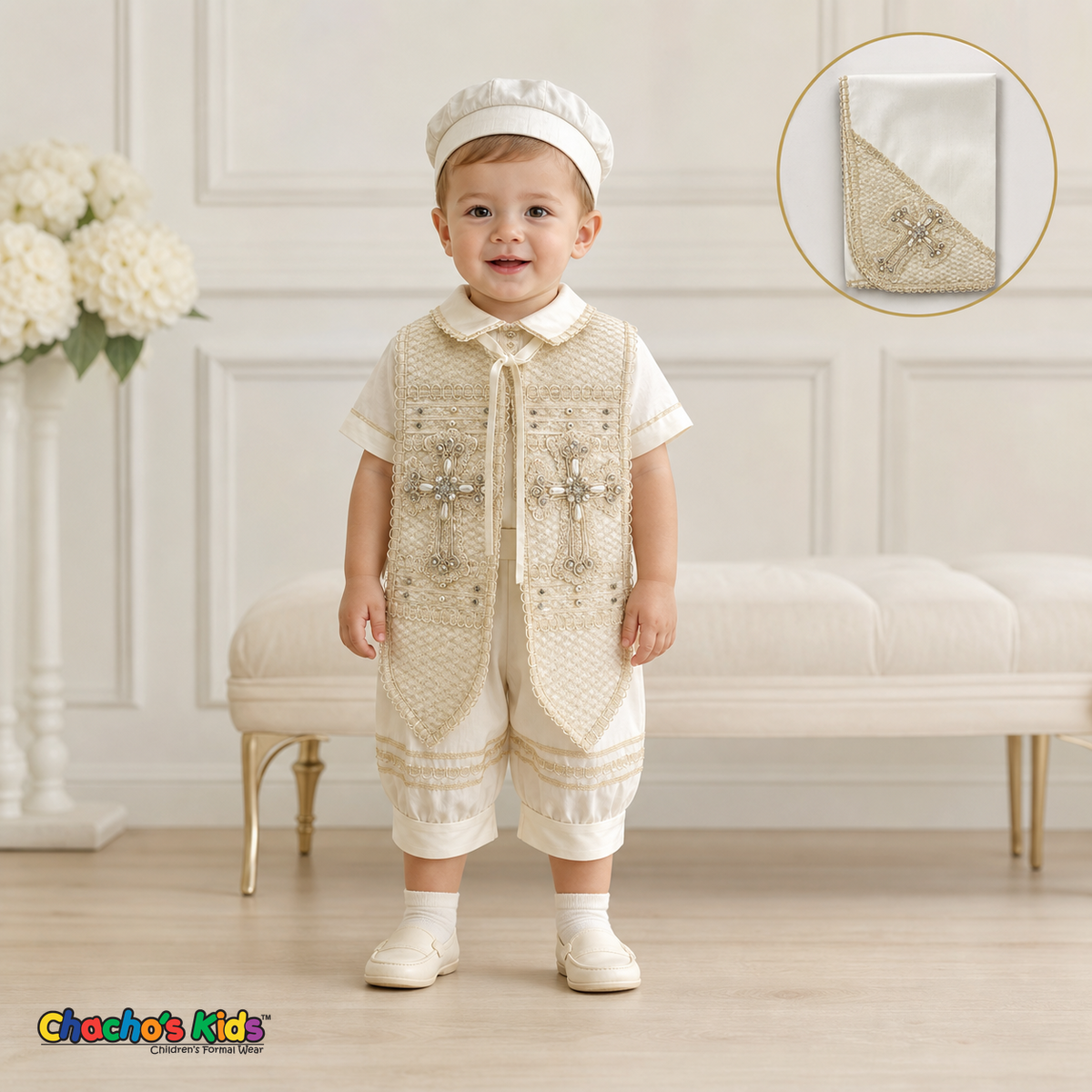 Ivory jeweled cross boys baptism outfit with cap and baptismal cloth, front view, style 0355 - Chacho's Kids