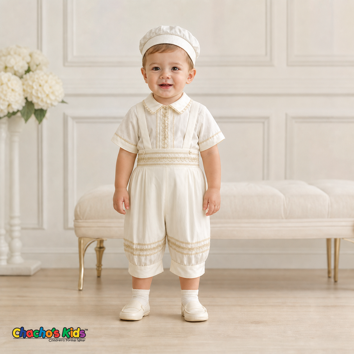 Ivory boys baptism outfit without stole, front view, style 0355 - Chacho's Kids