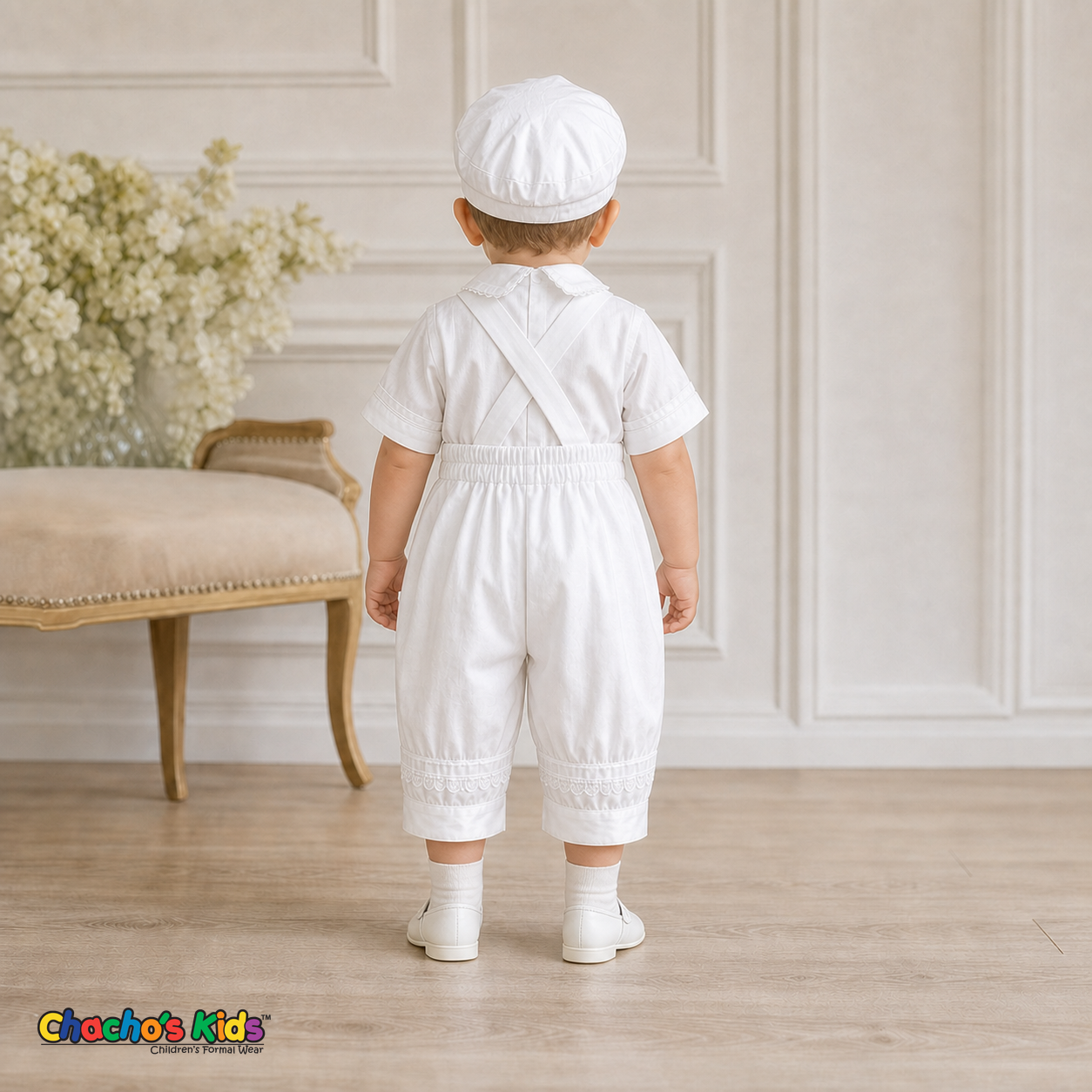 White boys baptism outfit with crossed suspenders and bloomer pants, back view, style 0355 - Chacho's Kids