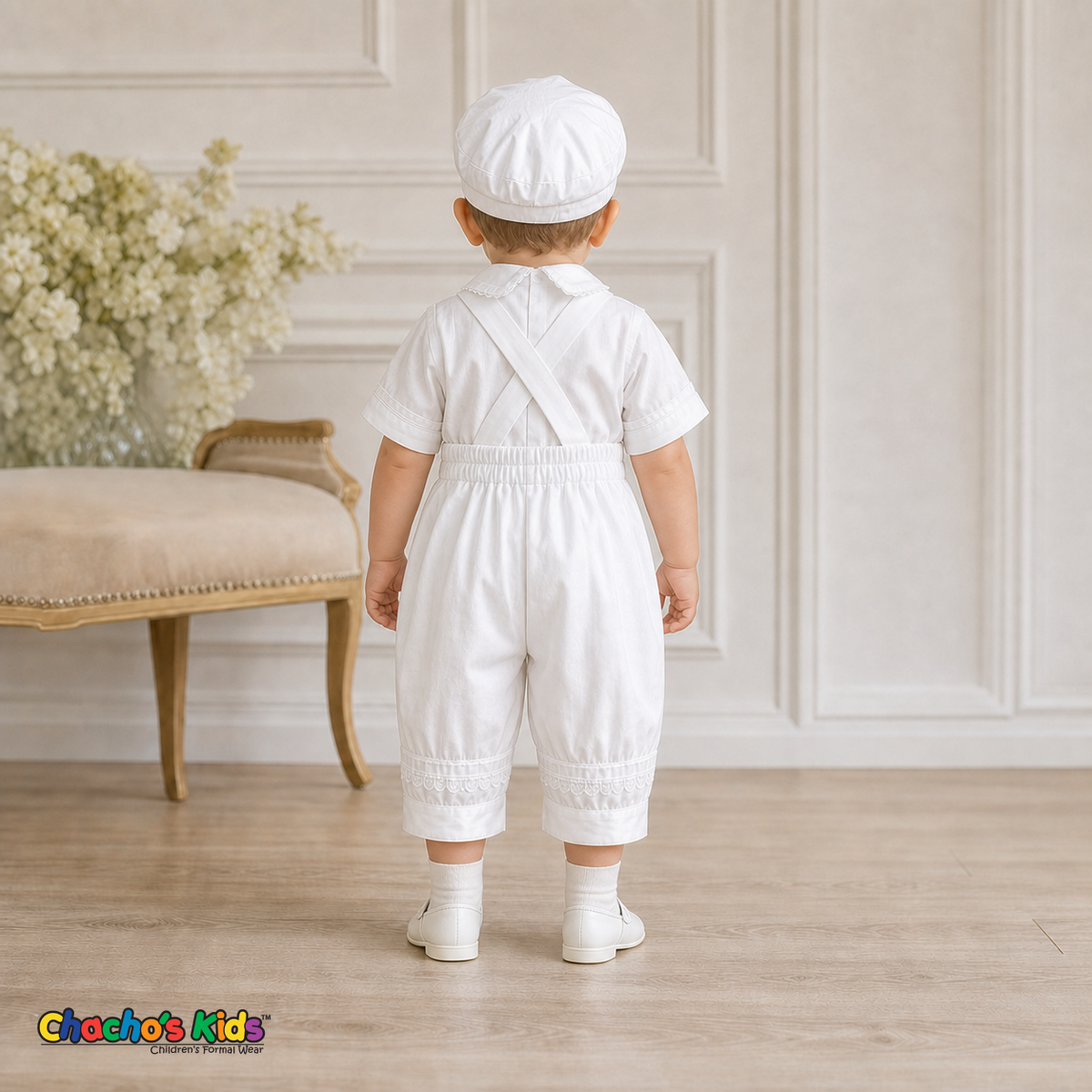 White boys baptism outfit with crossed suspenders and bloomer pants, back view, style 0355 - Chacho's Kids