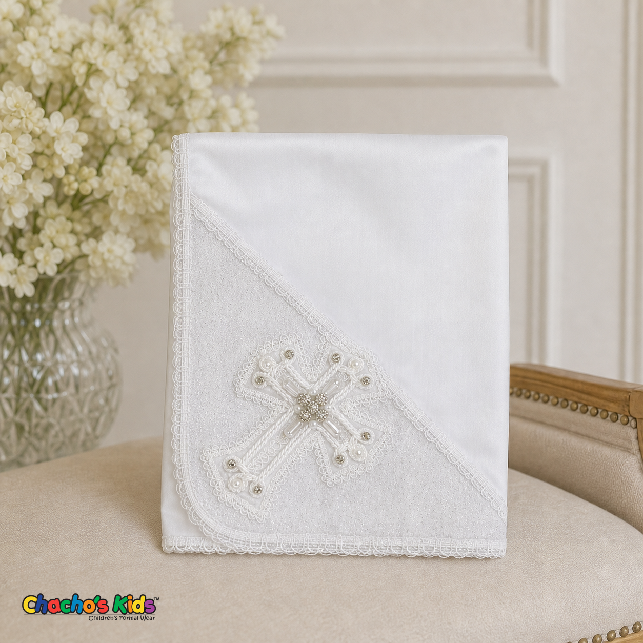 White jeweled cross baptismal cloth for boys outfit style 0355 - Chacho's Kids