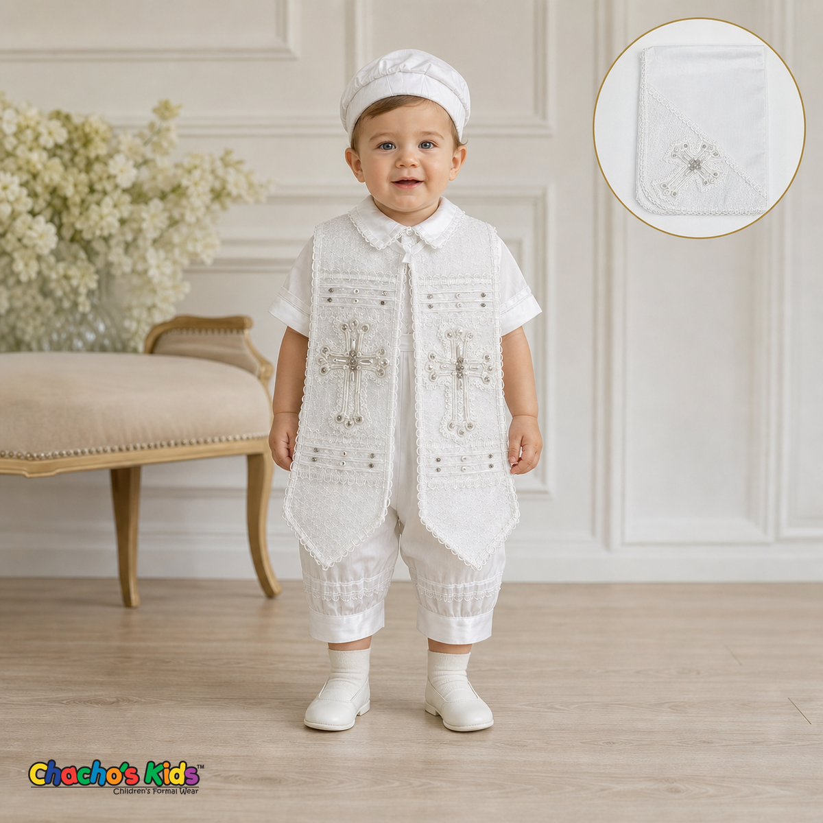 White jeweled cross boys baptism outfit with cap and baptismal cloth, front view, style 0355 - Chacho's Kids