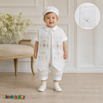 White jeweled cross boys baptism outfit with cap and baptismal cloth, front view, style 0355 - Chacho's Kids