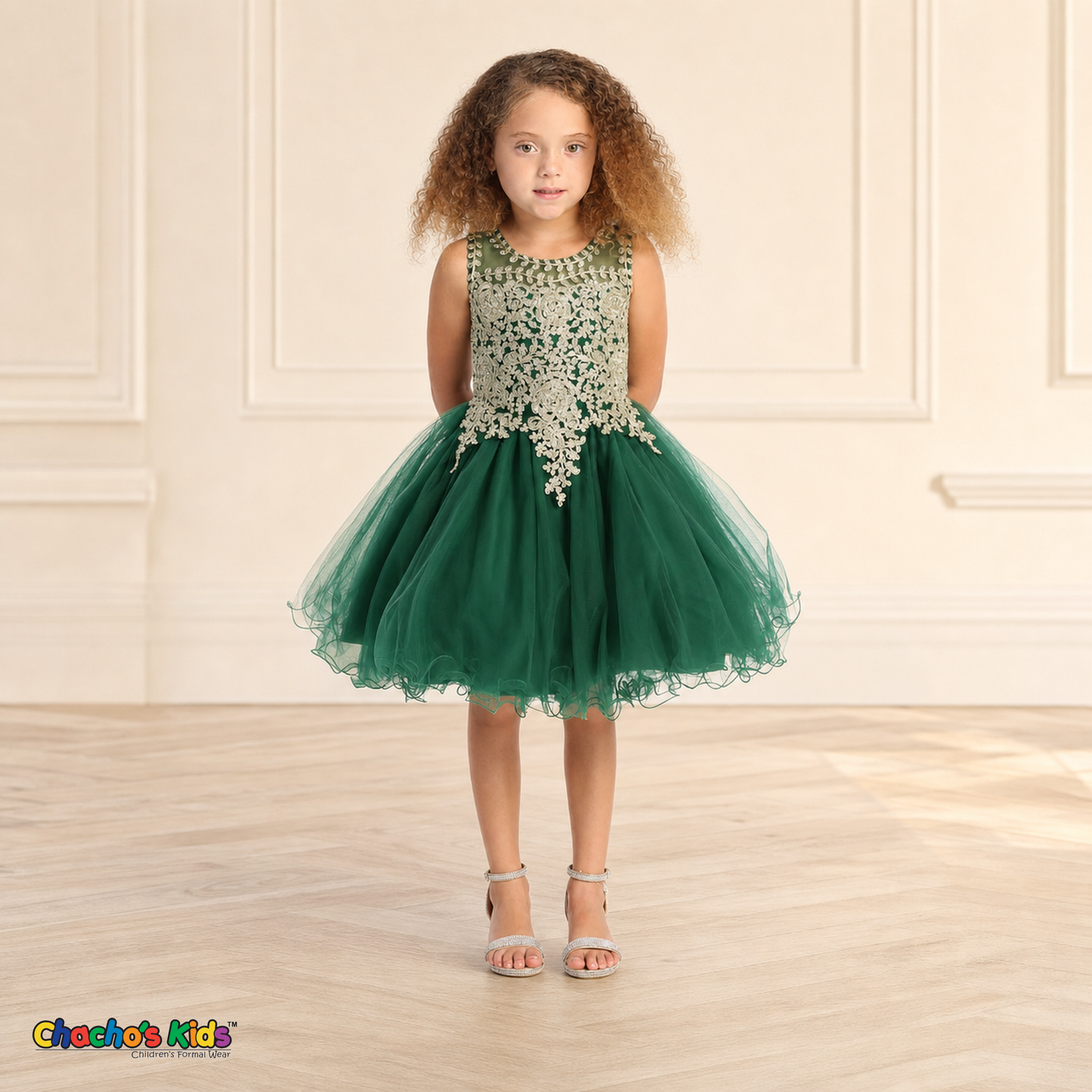 Girl modeling hunter green embroidered tulle party and flower girl dress 9004, front view
