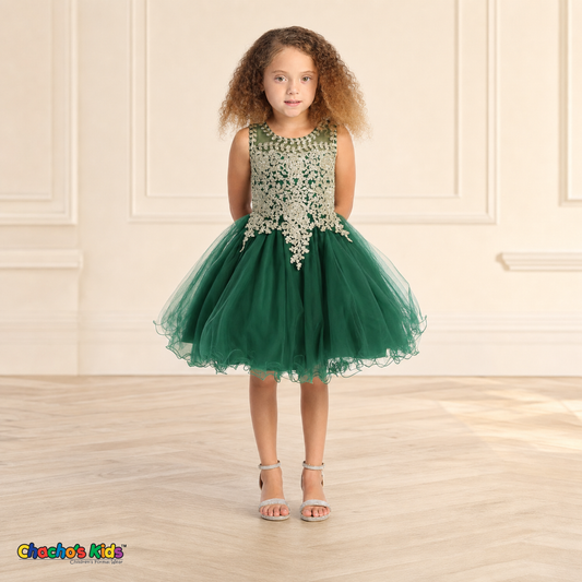 Girl modeling hunter green embroidered tulle party and flower girl dress 9004, front view