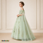 Girl modeling sage green butterfly embroidered ball gown dress 9030, side view