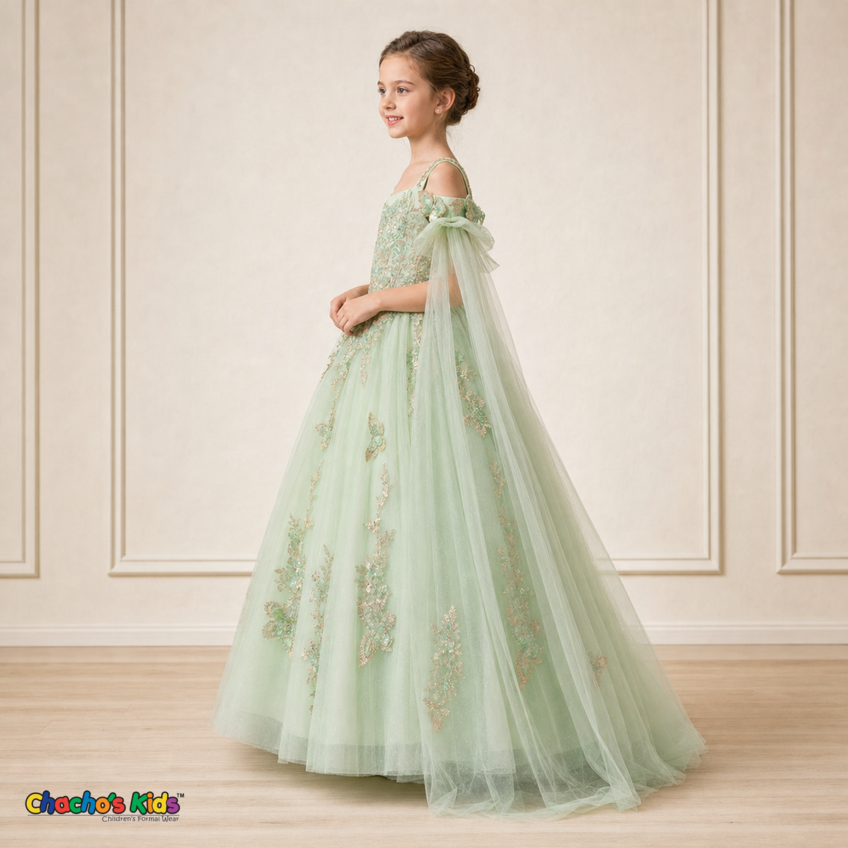 Girl modeling sage green butterfly embroidered ball gown dress 9030, side view