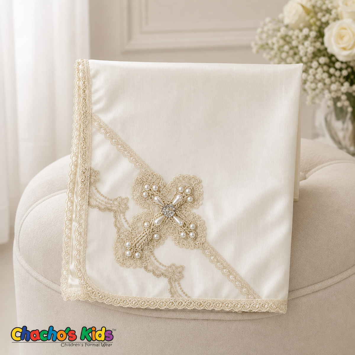 Ivory matching baptismal blanket for Spanish jeweled baptism set 0420