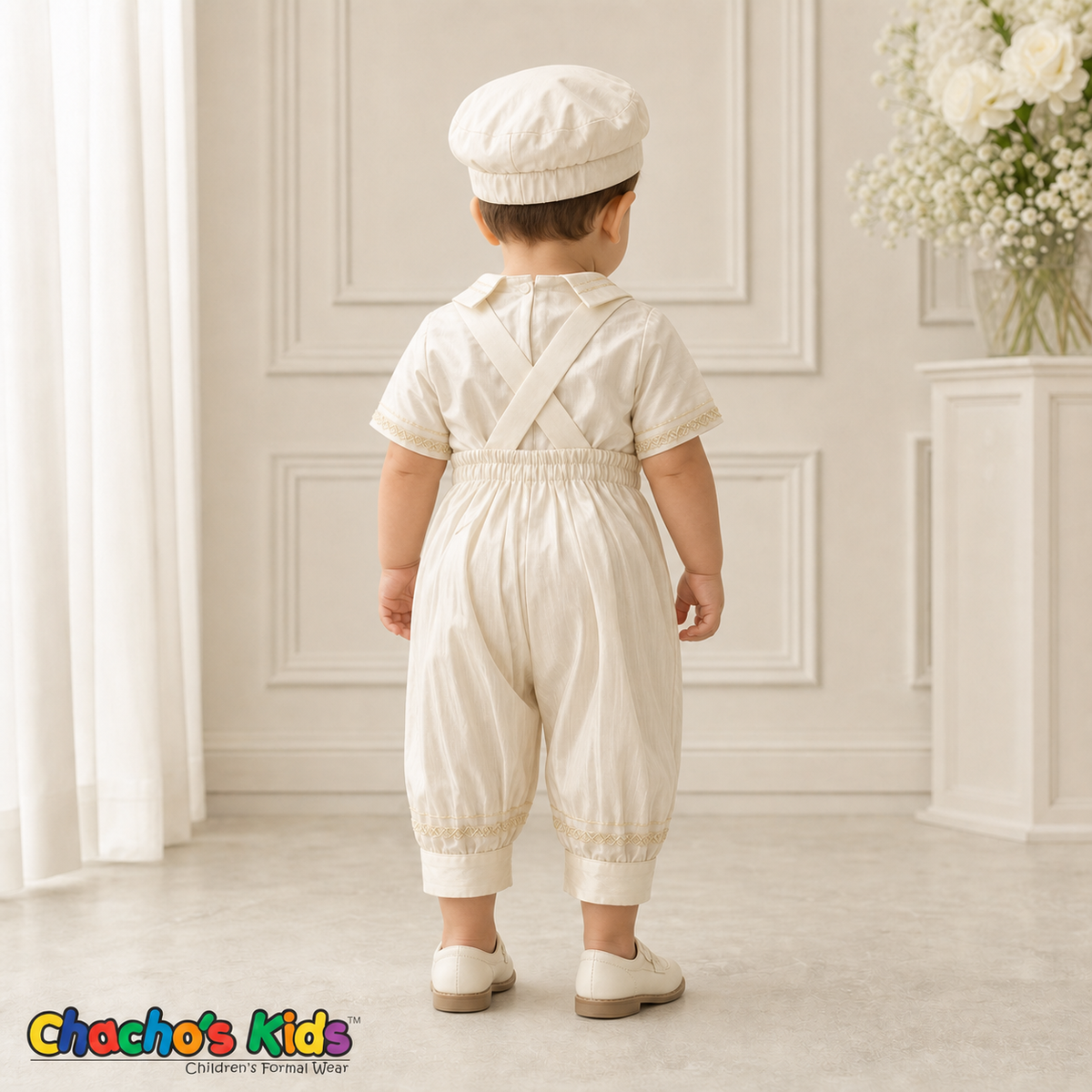 Ivory Spanish boys baptism outfit 0420 with suspenders and bloomer pants, back view