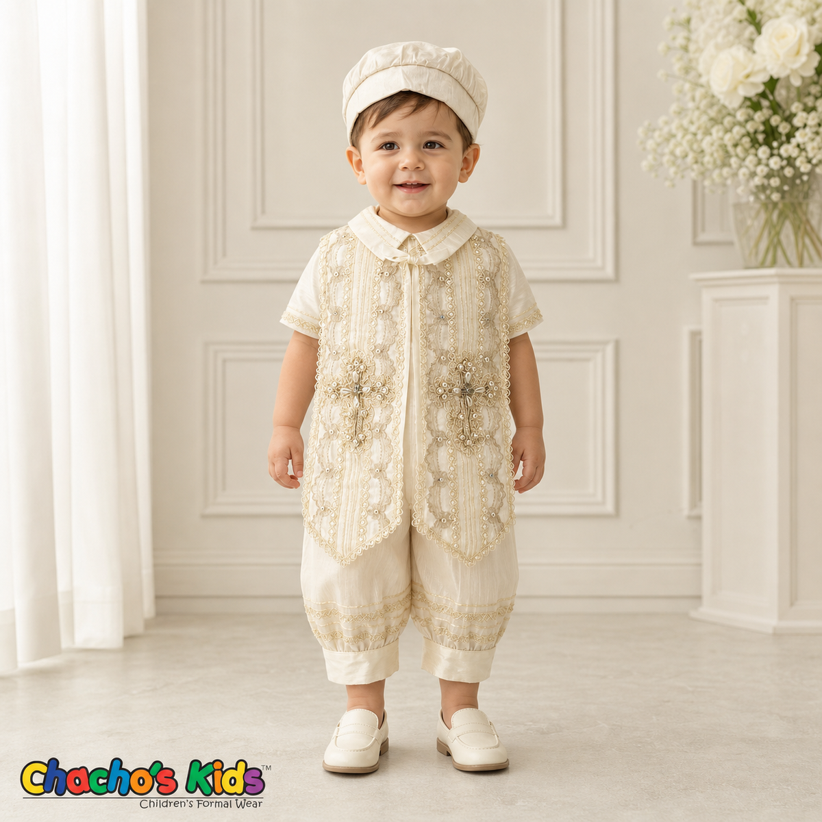 Ivory Spanish jeweled boys baptism outfit 0420 with embroidered cross stole, front view