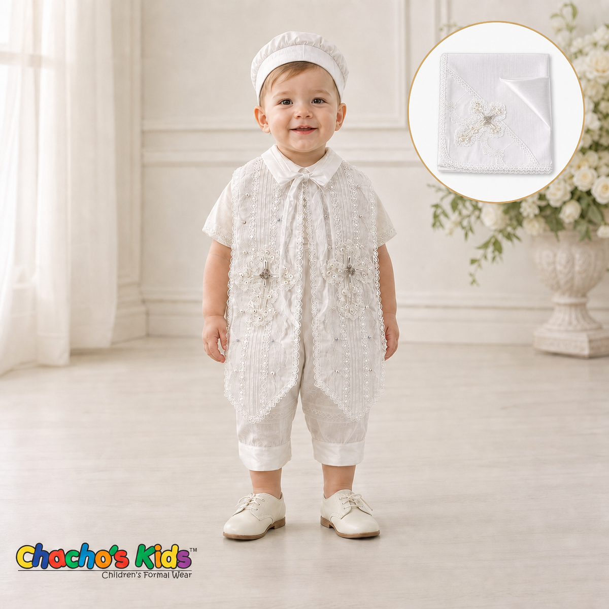 White Spanish jeweled boys baptism outfit 0420 with matching baptismal blanket included