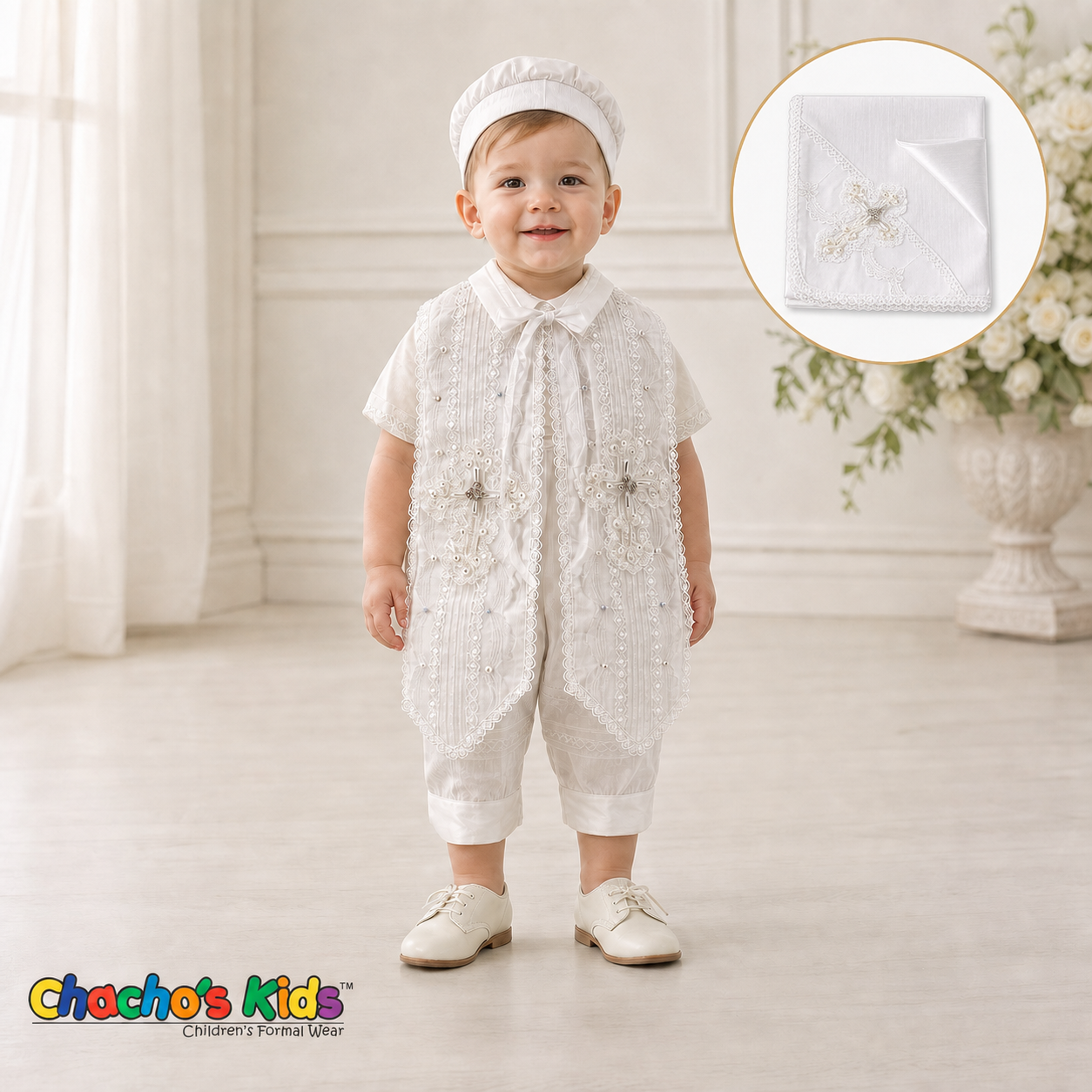White Spanish jeweled boys baptism outfit 0420 with matching baptismal blanket included