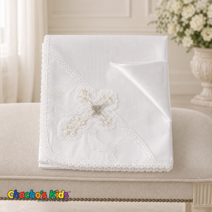 White matching baptismal blanket for Spanish jeweled baptism set 0420